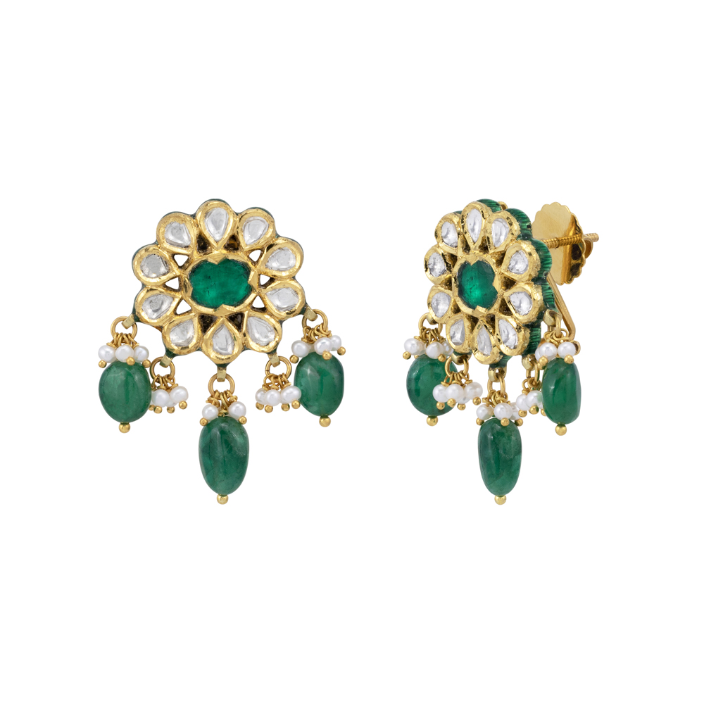 Green Talaf Floral Studs with Polkis, Emerald and Pearls